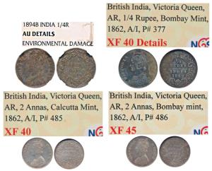 Victoria Empress, Silver ¼ Rupee, 1894, Bombay Mint, Graded by NGCAU Details Environmental