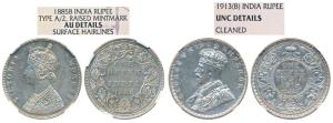Victoria Empress, Silver Rupee, 1885, Bombay Mint; George V, 1913, Bombay Mint. Both grade