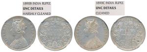 Victoria Empress, Silver Rupee (2), 1890, Bombay Mint & Calcutta Mint. Graded by NGC UNC &
