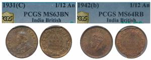 George V, Bronze 1/12th Anna, 1931, Calcutta Mint, (Prid 845); 1942, Bombay Mint, (Prid 86