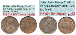 George V, Copper ¼ Anna, 1928, dot, (Prid 681); 1917, no dot, (Prid 662). Graded by NGS In