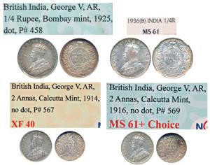 George V, Silver ¼ Rupee (2), 1925 & 1936, Bombay Mint; Silver 2 Annas, 1914 & 1916, Calcu