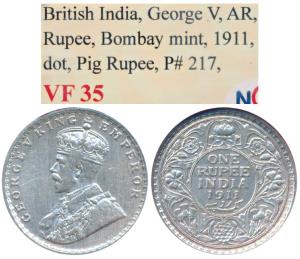 George V, Silver Rupee, 1911, Bombay Mint, Dot, Pig Rupee, (Prid 217). Graded by NGS VF35.