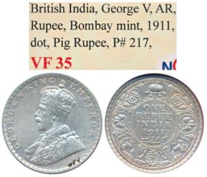 George V, Silver Rupee, 1911, Bombay Mint, Dot, Pig Rupee, (Prid 217). Graded by NGS VF35.