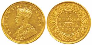 George V, Gold Rupees 15, 1918, Bombay Mint, (Prid 25, KM 525). About Uncirculated.