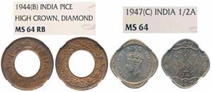 George VI, Bronze Pice, 1943, Bombay Mint, High Crown, Diamond, (Prid 701); Cupro-Nickel ½