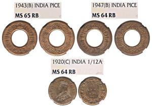 George VI, Bronze Pice, 1943 & 1947, Bombay Mint. Graded by NGC MS65RB & MS64RB respective