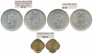 George VI, Half Silver Rupee, 1943, Bombay Mint, Graded by NGC AU55; Half Silver Rupee, 19