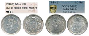 George VI, Half Silver ½ Rupee, 1944, Bombay Mint, Graded by PCGS MS62; Half Silver ½ Rupe