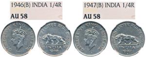 George VI, Copper-Nickel ¼ Rupee, 1946 & 1947, Bombay Mint. Both graded by NGC AU58. (2)