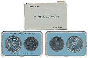 1977 Uncirculated Set, Save for Development, set of 2, Rupees 10 and 50. In immaculate con