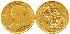 Australia, Victoria, Gold Sovereign, 8g, 1893, Veiled head, ‘M’ mint mark for Melbourne Mi