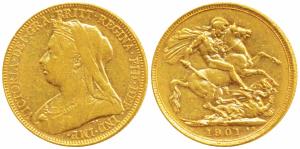 Australia, Victoria, Gold Sovereign, 8g, 1901, Veiled head, ‘S’ mint mark for Sydney Mint 