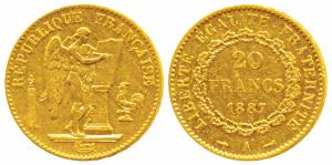 France, Gold 20 Francs, 6.5g, 1887, obv. standing winged Genius writing the constitution w