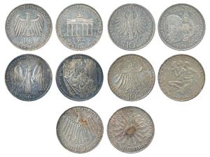 Germany, Silver 10 Mark (5); 15.5g, 1972 (2) from the Munich Olympics series; 1990, 1991; 