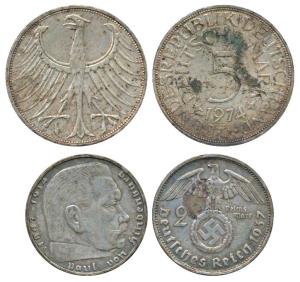Germany, Silver 10 Mark, 1974; Silver 2 Mark, 1937, Nazi regime of Third Reich, with the S