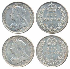 Great Britain, Victoria, Silver 6 Pence (2), mature head, 1893 & 1901 (KM 779). Very Fine 