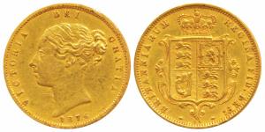 Great Britain, Victoria, Gold ½ Sovereign, 4g, 1876, Young head, rev. Shield, die No. 86 (