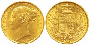 Great Britain, Victoria, Gold Sovereign, 8g, 1860, Young head, Shield on rev. (KM 736.1). 
