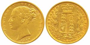 Great Britain, Victoria Queen, Gold Sovereign, 8g, 1862, Young head, Shield on rev. (KM 73