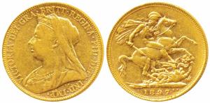 Great Britain, Victoria, Gold Sovereign, 8g, 1897, Veiled head, St. George slaying a drago
