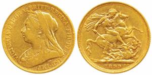 Great Britain, Victoria, Gold Sovereign, 8g, 1899, Veiled head, St. George slaying a drago