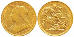 Great Britain, Victoria, Gold Sovereign, 8g, 1900, Veiled head, St. George slaying a drago