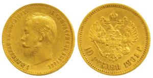 Russia, Czar Nicholas II, Gold 10 Roubles, 8.6g, 1901, St. Petersburg Mint (KM Y62). Very 