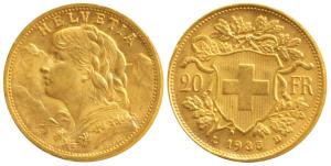 Switzerland, Gold 20 Francs, 6.4g, Bern Mint, draped bust of Helvetia to left and the Swis