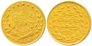 Turkey, Muhammad V (AH 1327-36, 1909-18 AD), Gold 25 Kurush, 1.7g, AH 1327, Year 5 (KM 752
