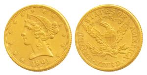United States of America, Gold $ 5, 8.32g, 1901, Liberty head on obv., motto above eagle o
