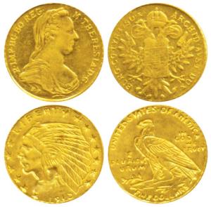 Fantasy item in Gold, Miniature version of coins, Gold (2), total weight 0.4g, United Stat