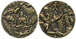 Lord Buddha, Bronze Medallion, 60g, obv. Buddha flanked by other figures. Mint State. Limi