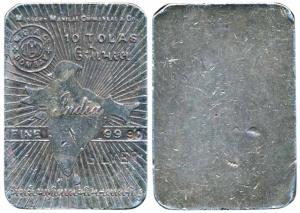 Tola Bar, Silver Ms. Manilal Chimanlal & Co, Silver 10 Tolas, 116.76g, obv. map of undivid