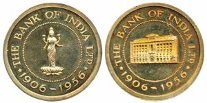 Bank of India, Golden Jubilee, 1906-1956, Gold Gilt Silver, 26.3g, obv. Laxmi standing on 