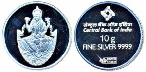 Central Bank of India, Silver Bar 10g, obv. Laxmi, rev. logo of Central Bank of India. Unc