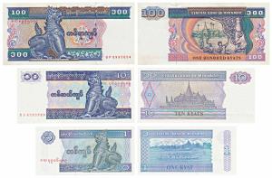 Burma, Kyat 100 and 10, 1960, all with a Buddhist Pagoda on obv . Uncirculated. (3)