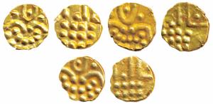 Veera Raya, Gold Fanam (3), obv. stylized lion standing right with crescent above, rev. se