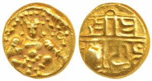 Nayakas of Chitradurga, Gold Durgi Pagoda or Hon, 3.36g, obv. Krishna as Bal Gopal, rev. N