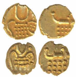 Vira Raya, Coorg, Gold Fanam (2), 0.36g & 0.38g, obv. stylized lion standing right with cr