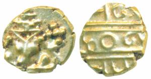 Krishna Raja Wodeyar, Gold Fanam, 0.39g, obv. seated Narasimha, rev. Kanarese legend Kanth