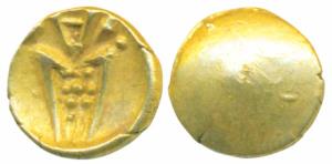 Coromandel Coast, Tuticorin Gold Fanam, 0.34g, obv. degenerate Kali with a trident to righ