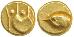 Anonymous, Hudki Gold Pagoda, 3.36g, obv.a boat like uncertain symbol; rev. possibly the G