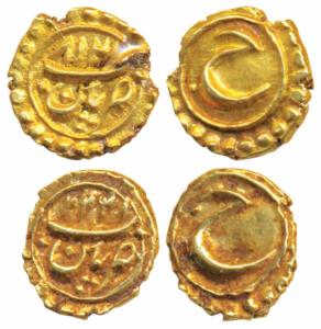 Tipu Sultan, Gold Fanam (2), both 0.37g, Patan Mint, both AM 1218 and 1221. Extremely Fine