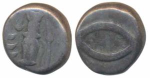 Silver Fanam, 1.7g, reduced weight, crude, Vishnu standing on obv., interlocked C’s for Ch