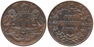 Copper ¼ Anna, 1835, Madras Mint, 18 Berries (9 L+9 R), slanting top of numeral ‘1’ in dat