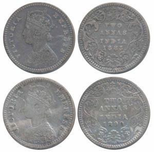 Victoria Empress, Silver 2 Annas, 1885, Calcutta Mint, B / II / C incuse (Prid 500); 1890,