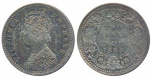 Victoria Empress, Silver 2 Annas, 1888, Bombay Mint, B / II / B incuse, (Prid 541). About 