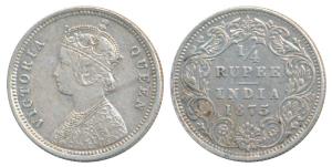 Victoria Queen, Silver ¼ Rupee, 1875, Calcutta Mint, A / I / No mint mark (Prid 380). Abou