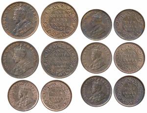 George V, Copper ¼ Anna, 1913 & 1924; Copper ½ Pice (4), 1927, 1933, 1935 & 1936. The firs